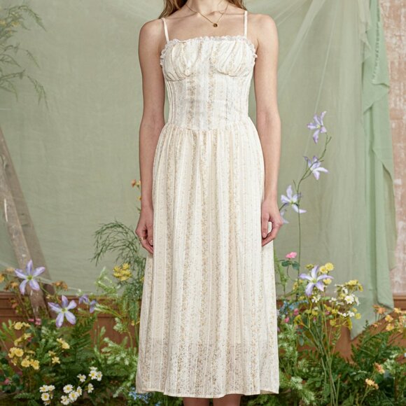 SECRET GARDENS YELLOW LACE MIDI DRESS - Picture 1 of 4